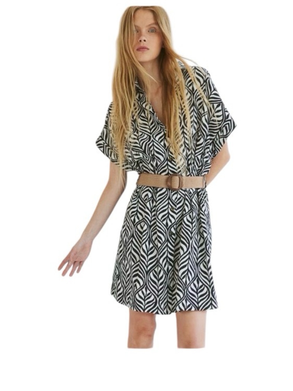 NWT H&M Black and White Leaf-Print Mini Dress with Tan Belt Sz XL